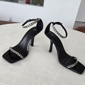 New Zara High Heeled Square Toe Black Sandals with Chain, Size 7.5